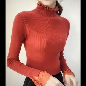 Ruffle neck lace sleeve crew neck sweater top
